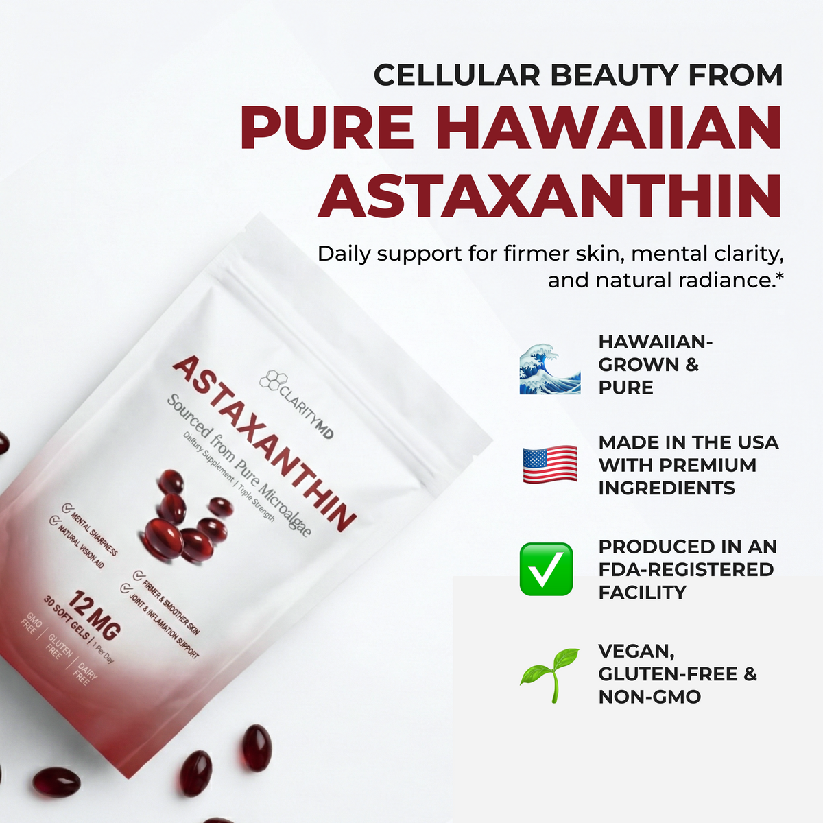 ClarityMD Astaxanthin – Combate Naturalmente el Estrés Oxidativo para Restaurar el Equilibrio por Dentro y por Fuera